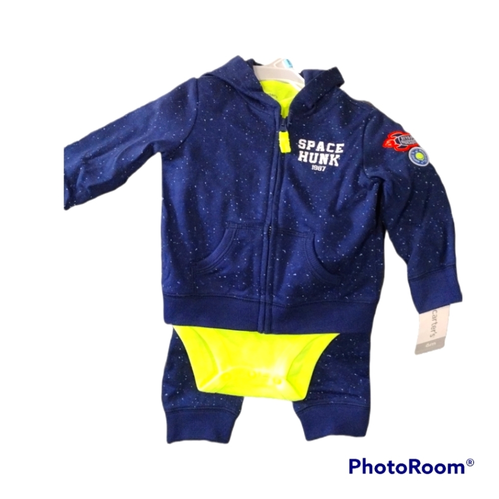 Carter's boys 6 mo sweat suit outfit set hoodie pants onesie space neon navy - Picture 1 of 3